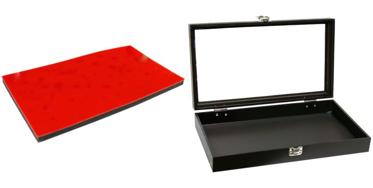 Black Glass-top Jewelry Case (Single metal latch) w/ Red 72-slot Foam Insert